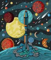 Colorful vertical illustration with launch of ships or rocket from the planet surface against retro future space universe with stars, science fiction concept vector