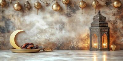 Ramadan still life composition with dates, lantern and golden decorations copy space photo