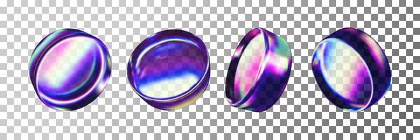 3d set of glass round shapes with holographic effect isolated. Render collection of crystal circles on background. vector