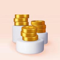 3D stack of coins on white round podium. Pile of american dollar coin stage render. vector