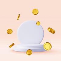 3D grey awards podium with flying coins isolated. Render stage for winners. Empty stage square podium. Minimal white scene. Pedestal 3D platform vector