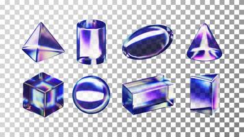 3d set of holographic geometric figures. Render collection of glass shapes. Cone, cube, cuboid, pyramid, cylinder, sphere, ellipse rainbow gradient vector