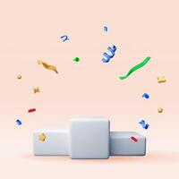 3D white podium with confetti isolated. Render stage mockup. Platform with confetti. Valentine day, birthday card, sport, product display presentation advertisement. vector
