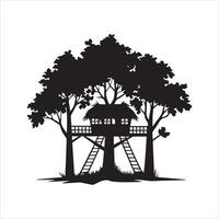 Silhouette of a treehouse nestled in a lush forest vector