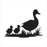 Silhouette of a Mother Duck and Ducklings by a Pond vector
