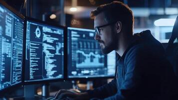 Programmer Working Late Night on Multiple Computer Screens photo