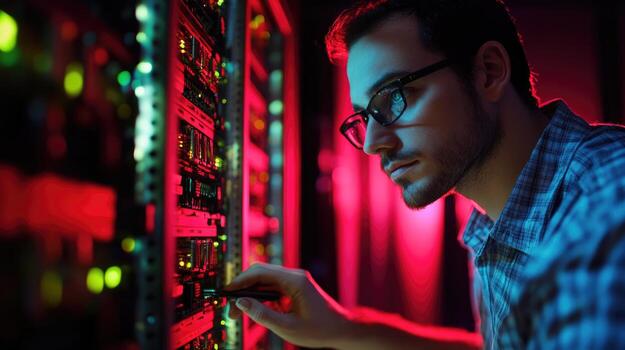 Technician working on server rack in a data center photo