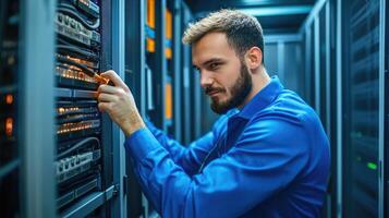 Technician working on server rack maintenance in a data center photo