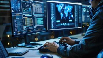 Cybersecurity Analyst Working Late On Multiple Monitors photo