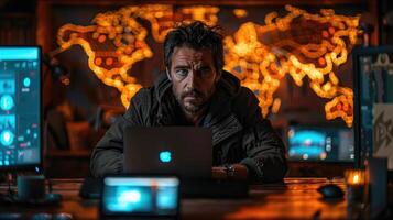 Man Working Late on Laptop with World Map Background photo