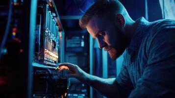 Technician working on advanced computer hardware components photo