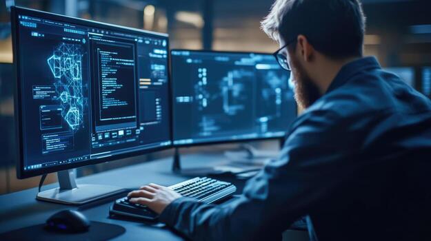 Programmer Working Late on Complex Code Displays photo