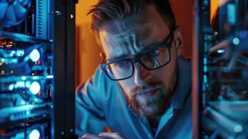 Man meticulously working on computer hardware components photo