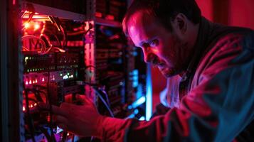 Technician working on illuminated computer hardware photo