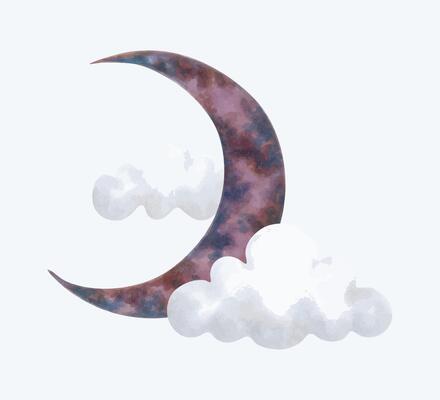 Celestial element of crescent moon with cloud. Illustration with watercolor and marker. Isolated hand drawn art with sky elements. Clipart cartoon children's sketch for clothes, baby room, cards.
