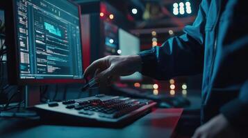 Person working late on computer code programming photo