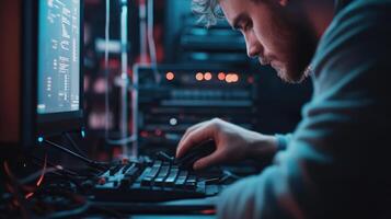 Man intently coding late at night on his computer photo