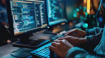 Programmer coding late at night on multiple computer screens photo