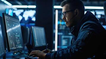 Focused Programmer Working Late on Complex Code photo