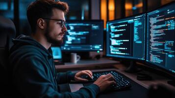 Programmer working late on coding projects using dual monitors photo