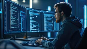 Programmer Working Late On Complex Code Projects photo