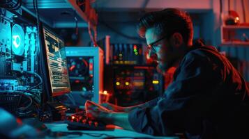 Man coding late at night in a dimly lit room photo