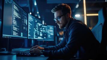 Programmer Working Late at Night Coding on Multiple Monitors photo