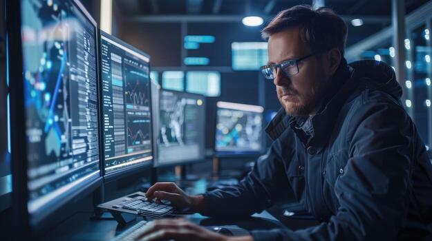 Man intently works late at night analyzing data on multiple computer screens photo