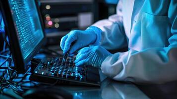 Scientist in Lab Coat Uses Computer Keyboard photo
