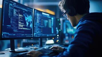 Young Programmer Codes Late Night Using Dual Monitors photo