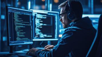 Programmer Working Late Night Coding on Multiple Screens photo
