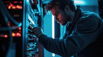 Technician working diligently on server maintenance in a data center photo