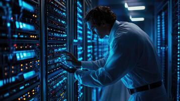 Man Works on Server Racks in Data Center photo