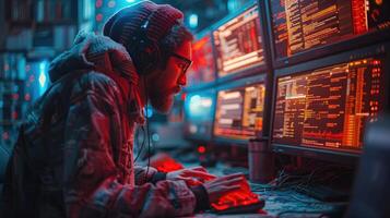 Hacker Works Late at Night on Multiple Monitors photo