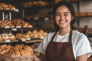 Smiling Baker Holding Fresh Pastries in a Rustic Bakery Setting photo