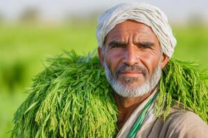 Portrait of a Farmer with Crop Over Shoulder in a Lush Green Field photo