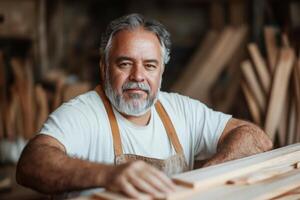 Skilled Carpenter Crafting Wood in Traditional Workshop photo