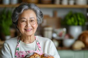 Smiling Senior Woman Baking Fresh Bread in Cozy Home Kitchen photo