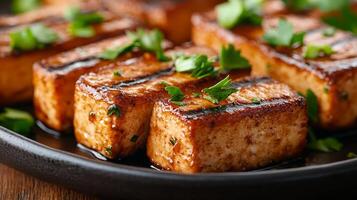 Grilled Tofu with Fresh Herbs on Black Plate Vegan Cuisine Concept photo