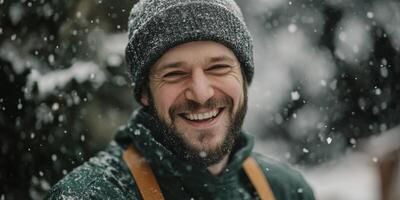 Joyful Man Smiling in Winter Snowfall Wearing Beanie and Warm Jacket photo