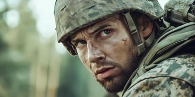 Intense Soldier Portrait in Camouflage Gear During Outdoor Operation photo