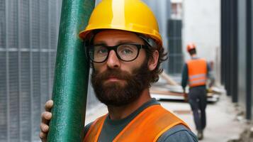 Construction Worker with Beard and Glasses Holding Pipe on Site photo