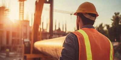 Construction Worker Overseeing Pipe Installation at Sunset on a Job Site photo