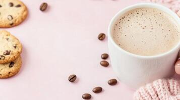 Cozy Morning Coffee with Chocolate Chip Cookies and Pink Sweater Warmth photo