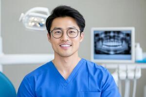 Dentist in Blue Scrubs Smiling in Modern Dental Clinic with X Ray Equipment photo