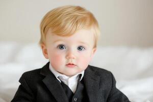 Adorable Baby in Formal Suit with Curious Expression on Bed photo