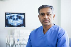 Confident Dentist in Scrubs with X Ray in Modern Dental Office photo