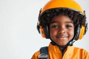Cheerful Child in Orange Helmet with Headphones Concept of Safety and Joy photo