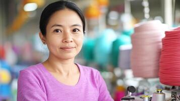 Confident Seamstress in Vibrant Knitwear Factory Environment photo