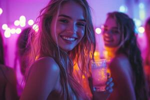 Young women enjoying a vibrant night out at a colorful party with drinks and cheerful atmosphere photo